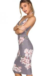 Vestido Tubinho de Festa Floral costas nuas midi