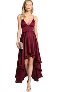 vestido de festa de cetim de seda vinho assimétrico costas trancadas