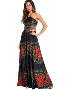 vestido longo estampa ornamentada fendas cintura preto