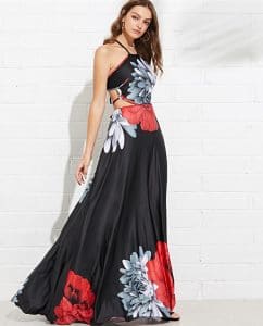 vestido longo estampa ornamentada fendas na cintura preto